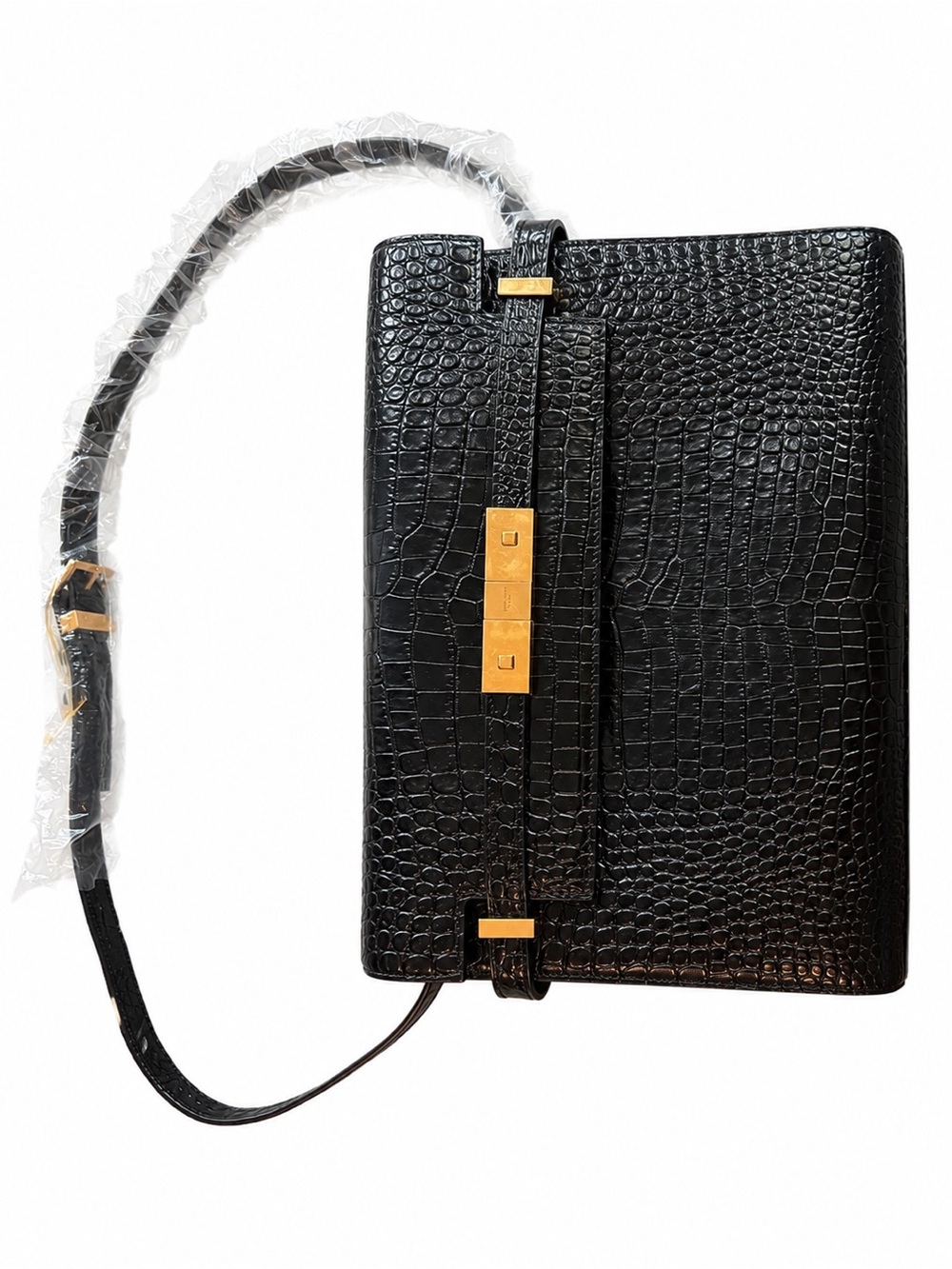 Authentic Saint Laurent Calfskin Crocodile Embossed Manhattan Baguette